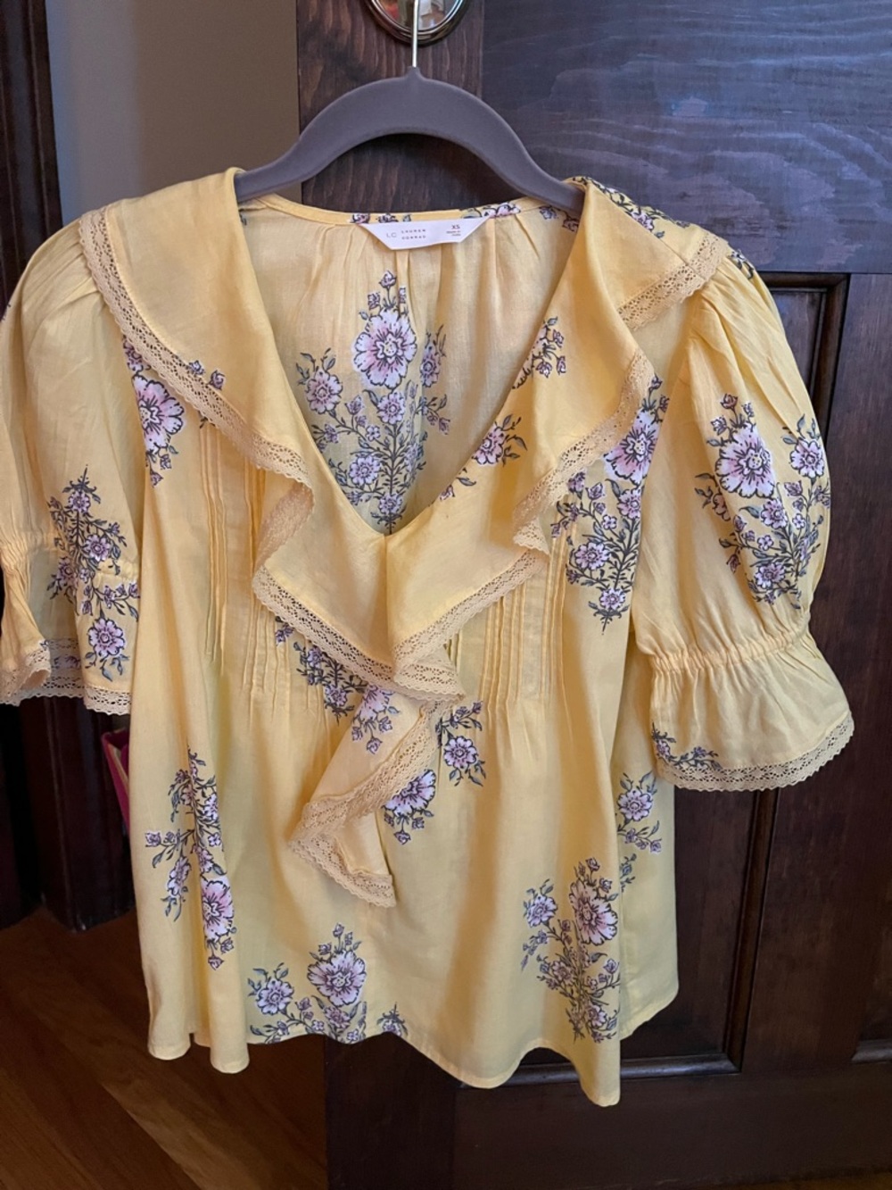 LC Lauren Conrad Yellow Floral Lace-Trim V-Neck Ruffle Blouse